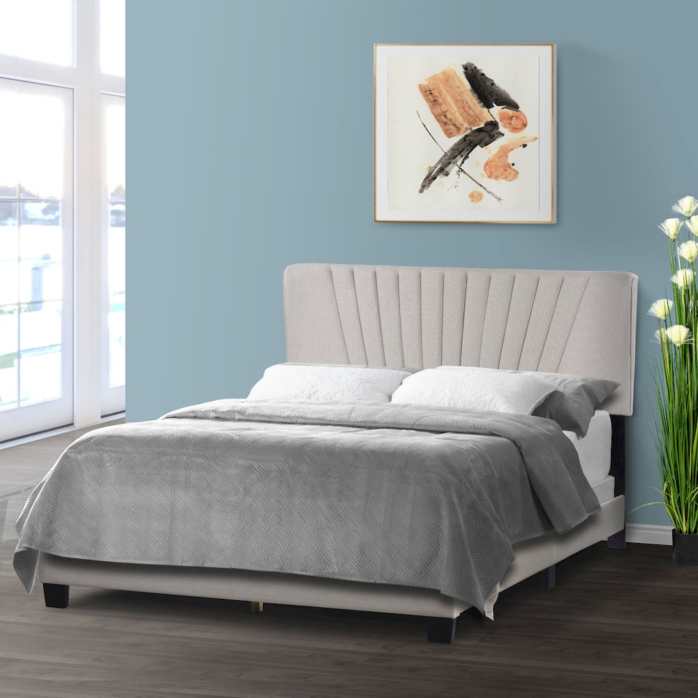 Autumn Beige Fabric Queen Bed with Decorative Stitching. Picture 5