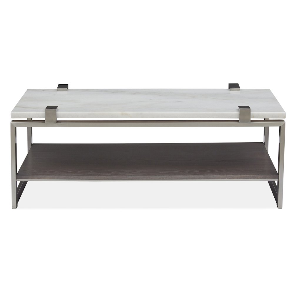 Pearl White And Roasted Almond And Brushed Platinum Rectangular Cocktail Table. Picture 5
