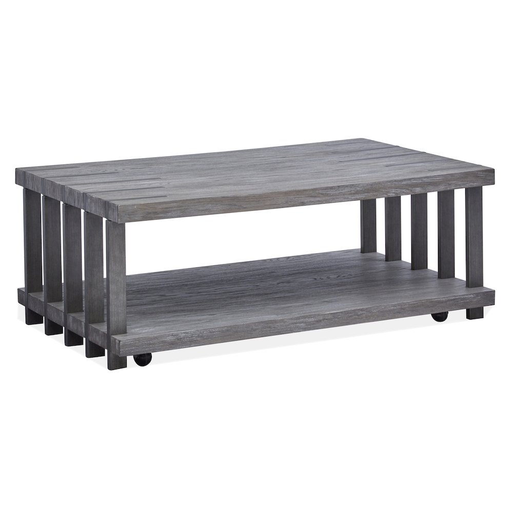Weathered Gravel And Satin Bronze Rectangular Cocktail Table With Casters. Picture 2