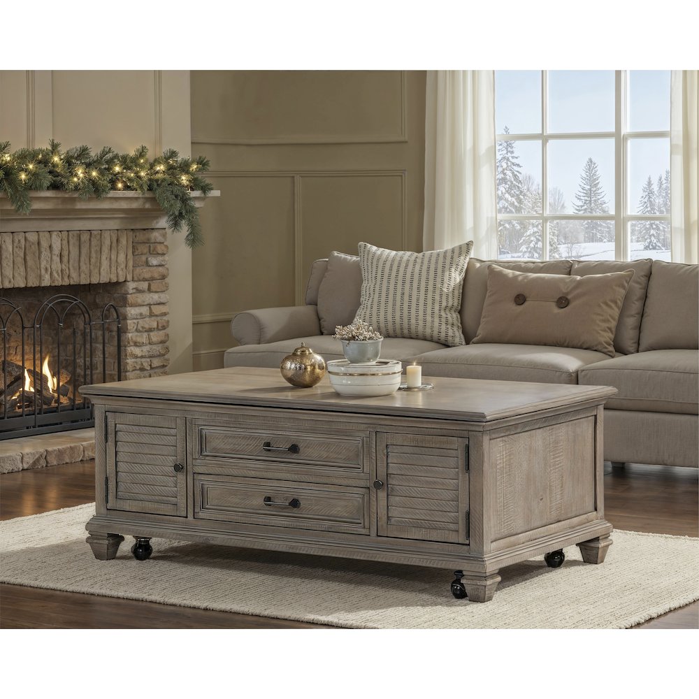 Lancaster Dovetail Grey Lift Top Storage Cocktail Table With Casters. Picture 14