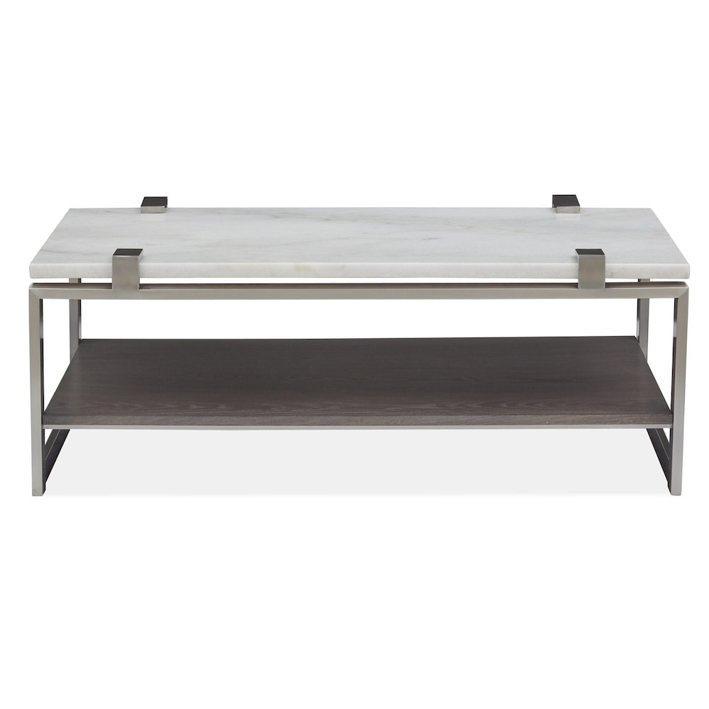 Pearl White And Roasted Almond And Brushed Platinum Rectangular Cocktail Table. Picture 3