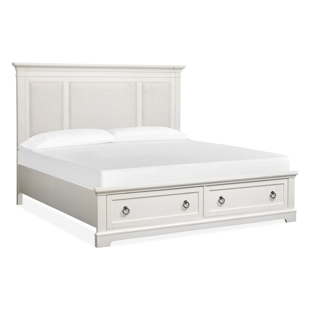 Kingston Whisper White And Cerused Nutmeg Queen Upholstered Panel Storage Bed. Picture 1
