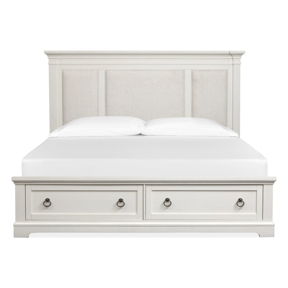 Kingston Whisper White And Cerused Nutmeg King Upholstered Panel Storage Bed. Picture 3