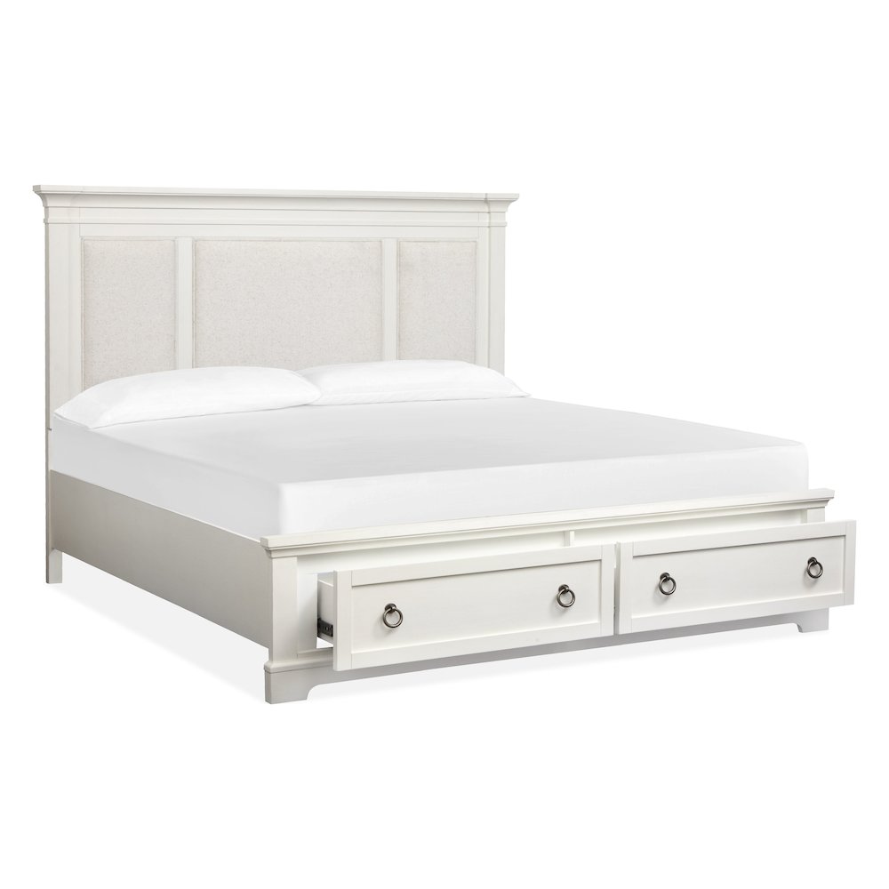Kingston Whisper White And Cerused Nutmeg King Upholstered Panel Storage Bed. Picture 2