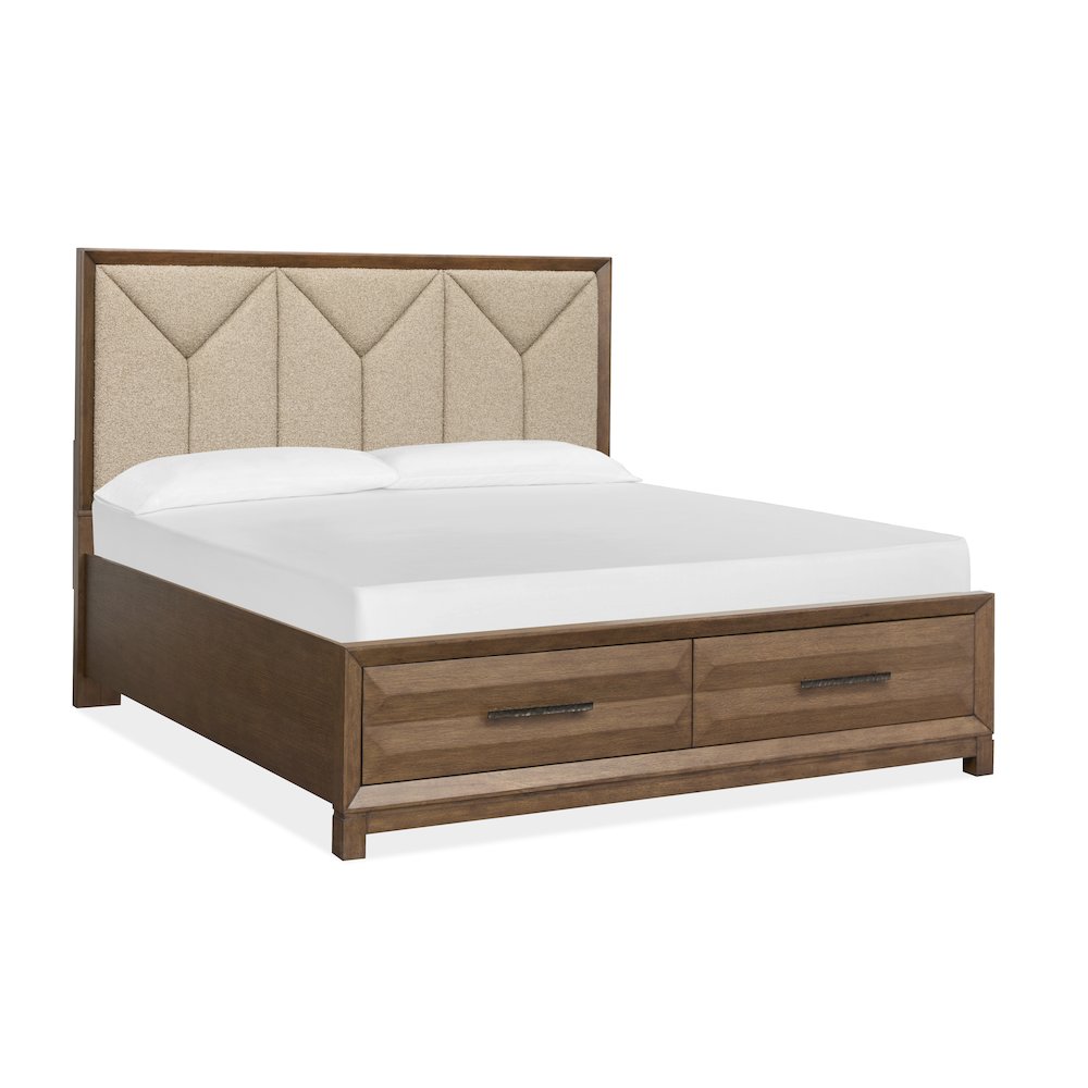 Callisto Bourbon Brown King Upholstered Panel Storage Bed. Picture 1