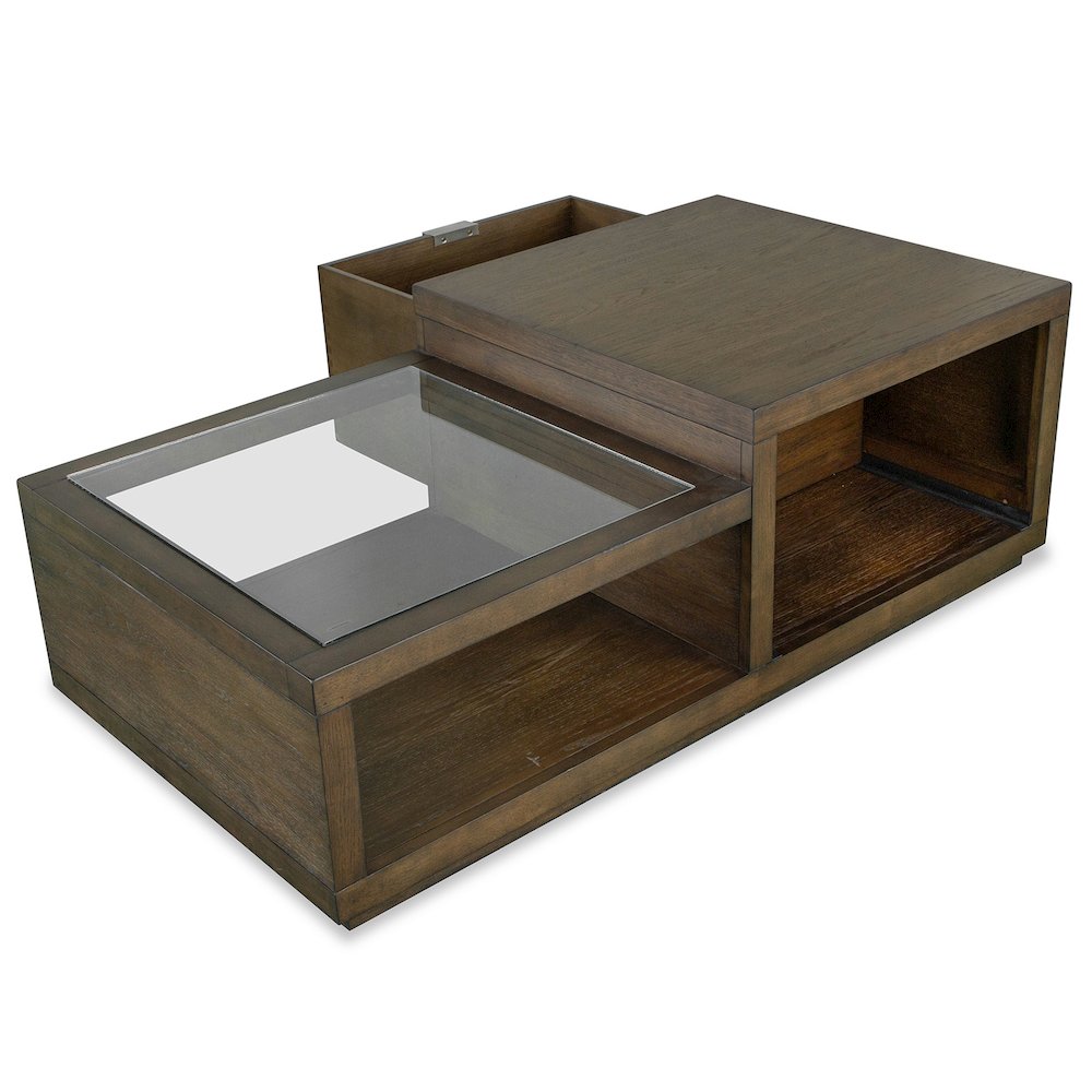 Merrick Homestead Brown And Clear Glass Rectangular Cocktail Table With Casters. Picture 6