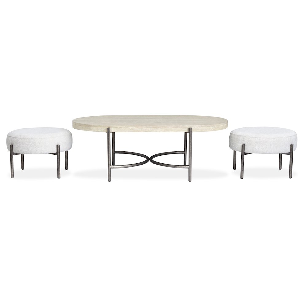 Edgecomb Grey And Weathered Antique Nickel Oval Cocktail Table With 2 Ottomans. Picture 6