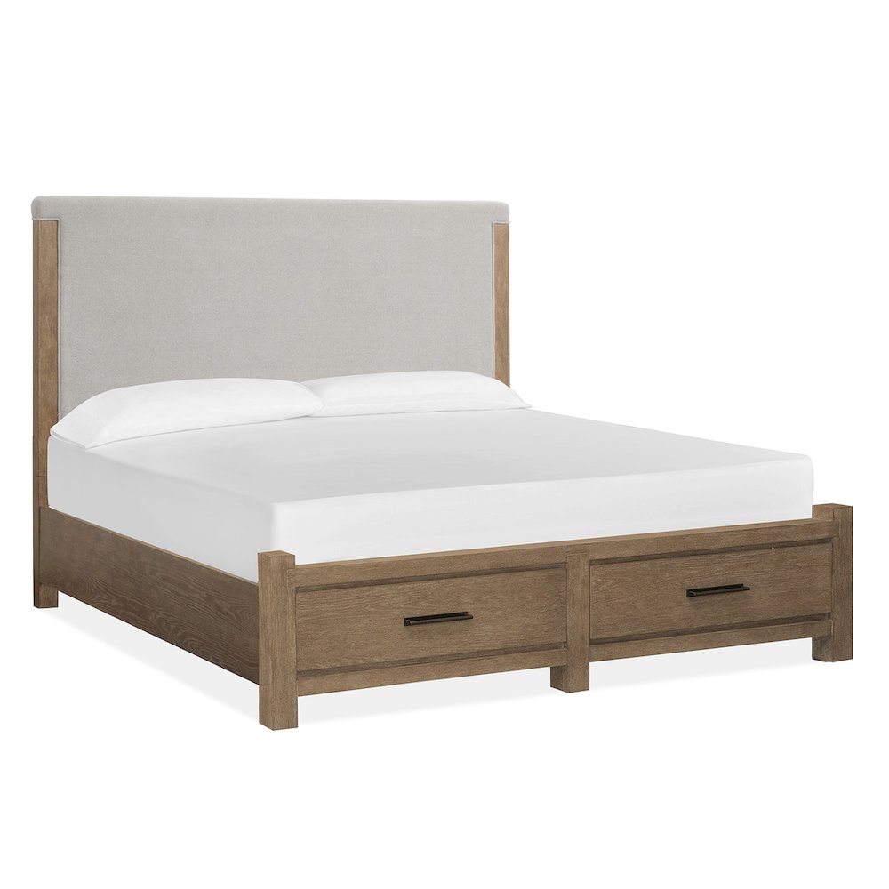 Plum Creek Sierra Brown California King Upholstered Panel Storage Bed. Picture 1