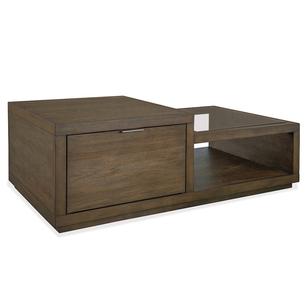 Merrick Homestead Brown And Clear Glass Rectangular Cocktail Table With Casters. Picture 1