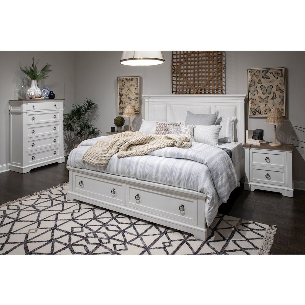Kingston Whisper White And Cerused Nutmeg King Upholstered Panel Storage Bed. Picture 8