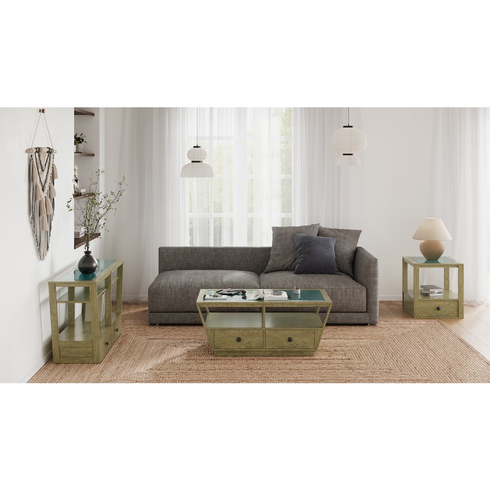 Elora Walnut And Tarnished Silver And Clear Glass Demilune Sofa Table. Picture 2