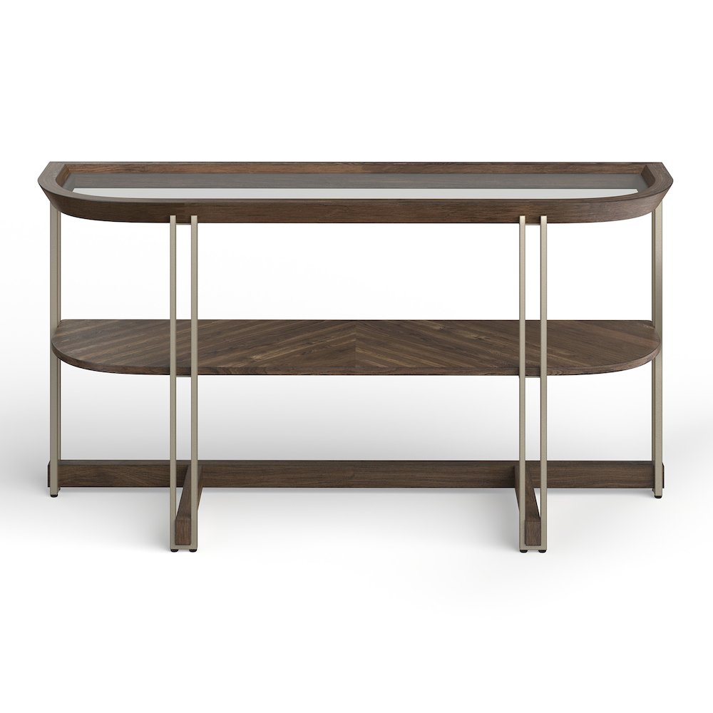 Elora Walnut And Tarnished Silver And Clear Glass Demilune Sofa Table. Picture 1