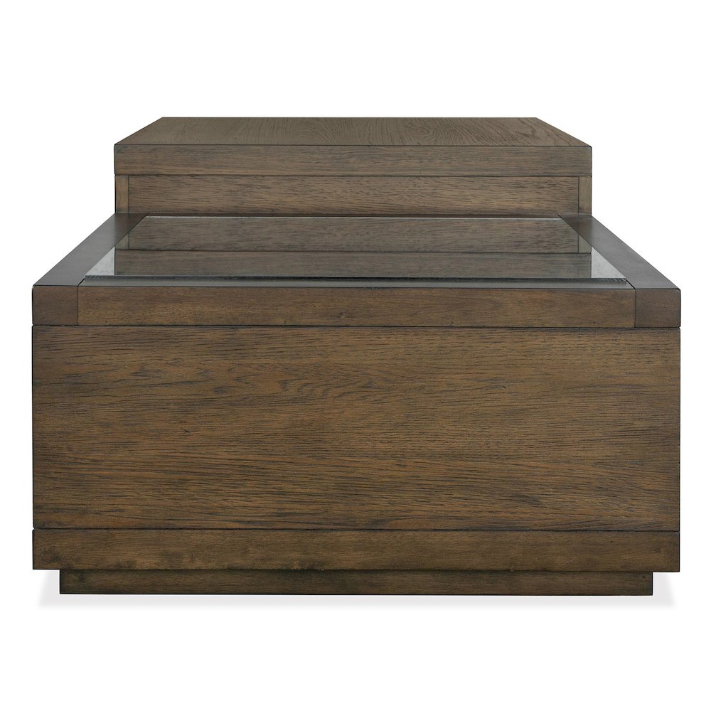 Merrick Homestead Brown And Clear Glass Rectangular Cocktail Table With Casters. Picture 4