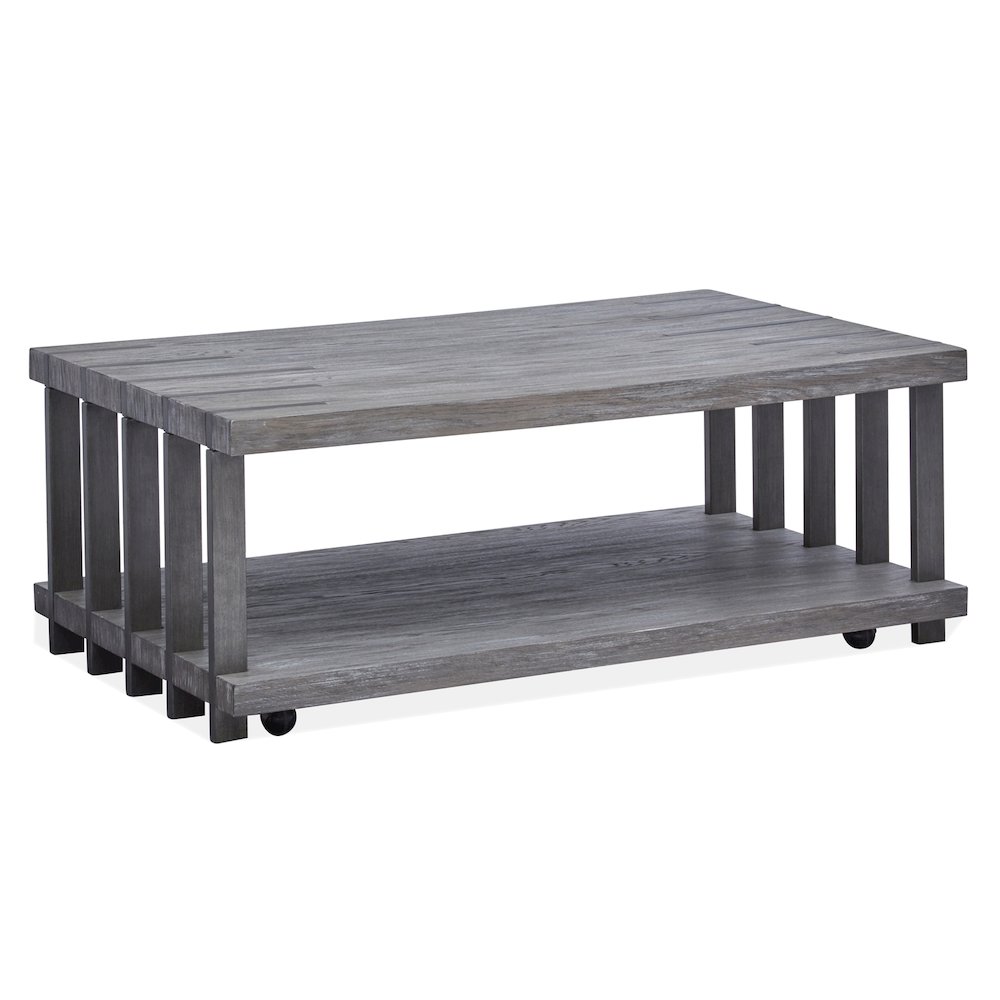 Weathered Gravel And Satin Bronze Rectangular Cocktail Table With Casters. Picture 1