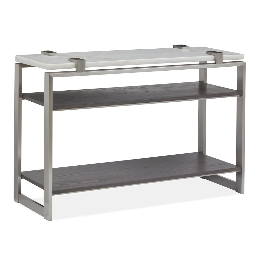 Pearl White And Roasted Almond And Brushed Platinum Rectangular Sofa Table. Picture 1