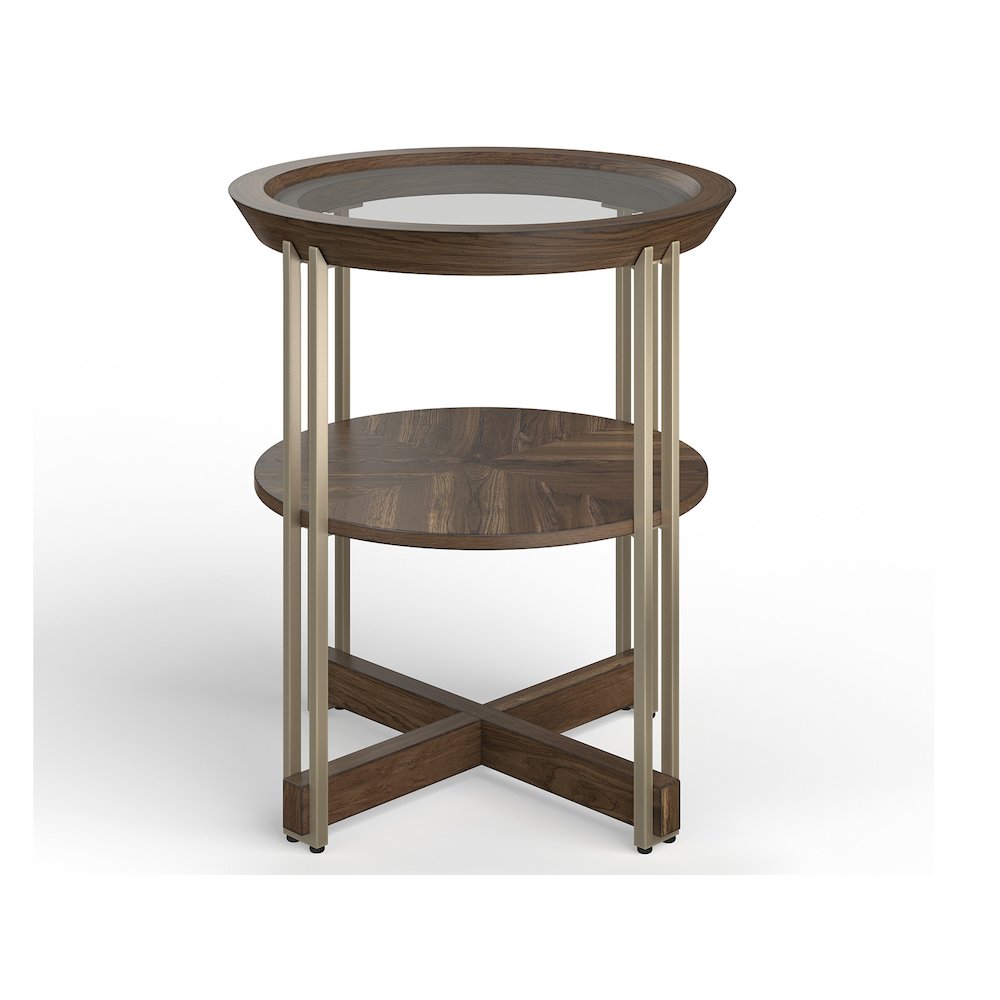 Elora Walnut And Tarnished Silver And Clear Glass Round End Table. Picture 1