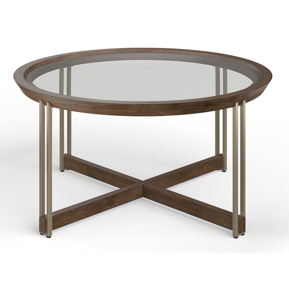 Elora Walnut And Tarnished Silver And Clear Glass Round Cocktail Table. Picture 1