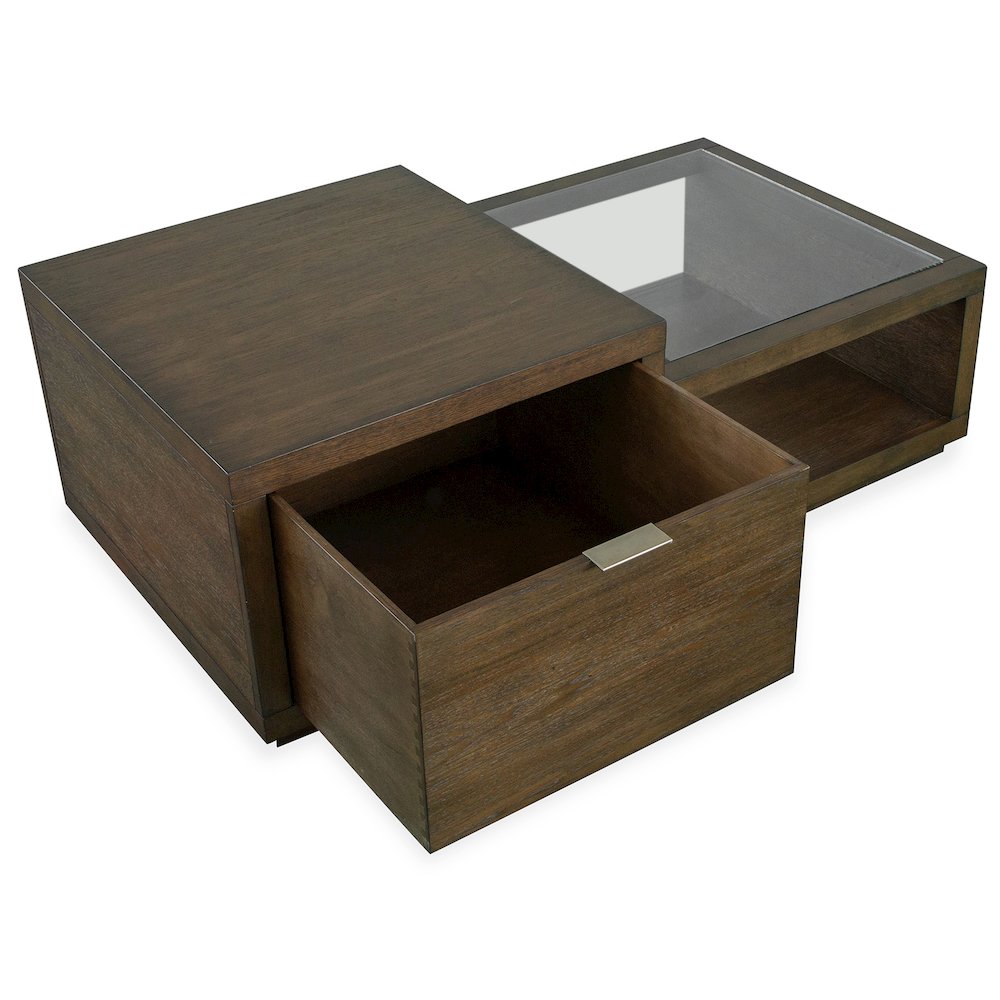 Merrick Homestead Brown And Clear Glass Rectangular Cocktail Table With Casters. Picture 5