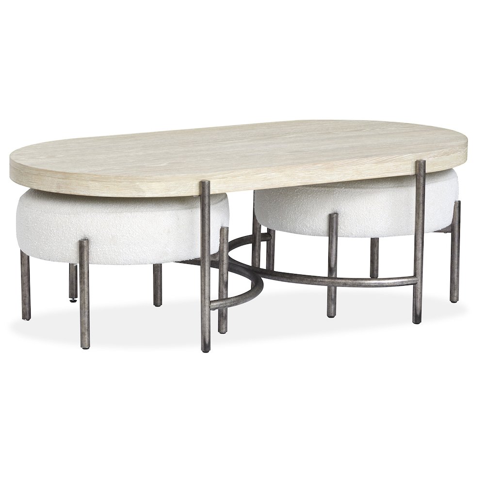 Edgecomb Grey And Weathered Antique Nickel Oval Cocktail Table With 2 Ottomans. Picture 1