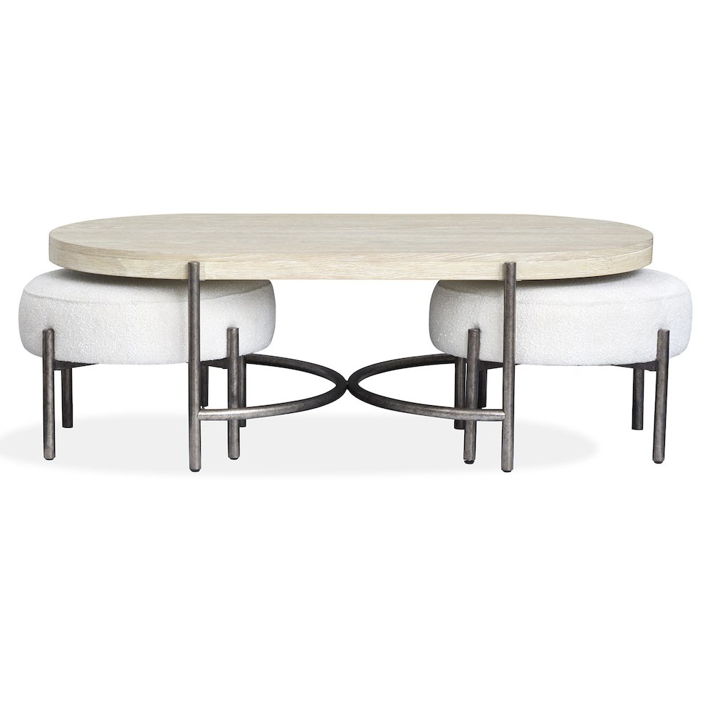 Edgecomb Grey And Weathered Antique Nickel Oval Cocktail Table With 2 Ottomans. Picture 5