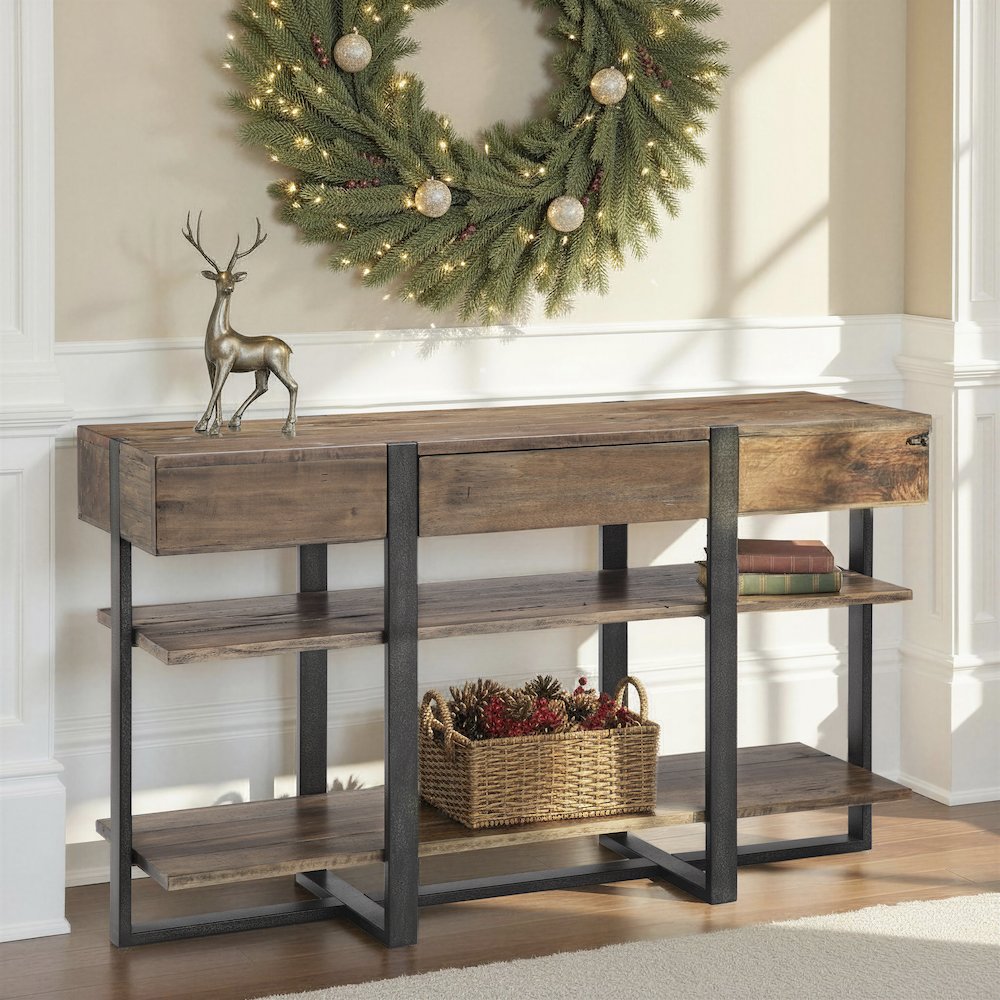 Prescott Rustic Honey And Distressed Iron Rectangular Sofa Table. Picture 4