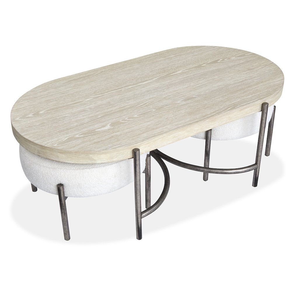 Edgecomb Grey And Weathered Antique Nickel Oval Cocktail Table With 2 Ottomans. Picture 2