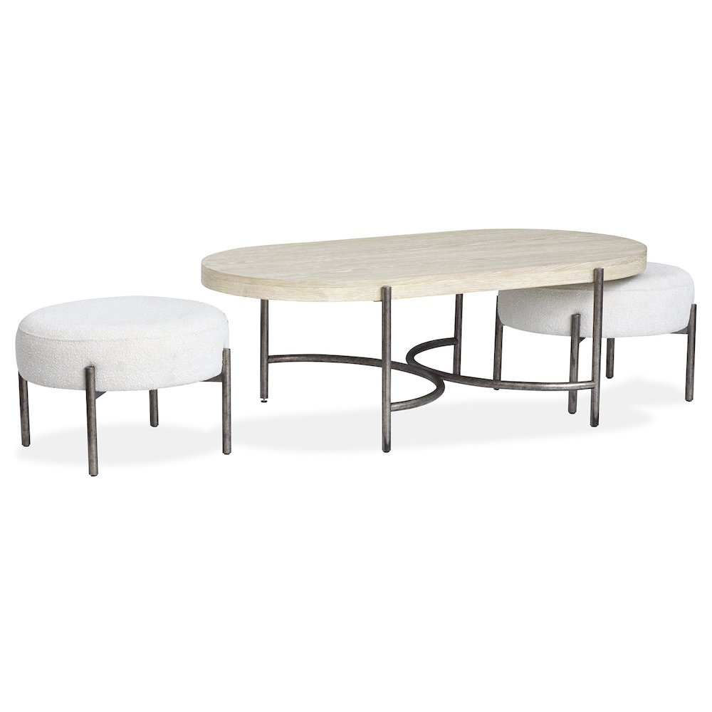 Edgecomb Grey And Weathered Antique Nickel Oval Cocktail Table With 2 Ottomans. Picture 4