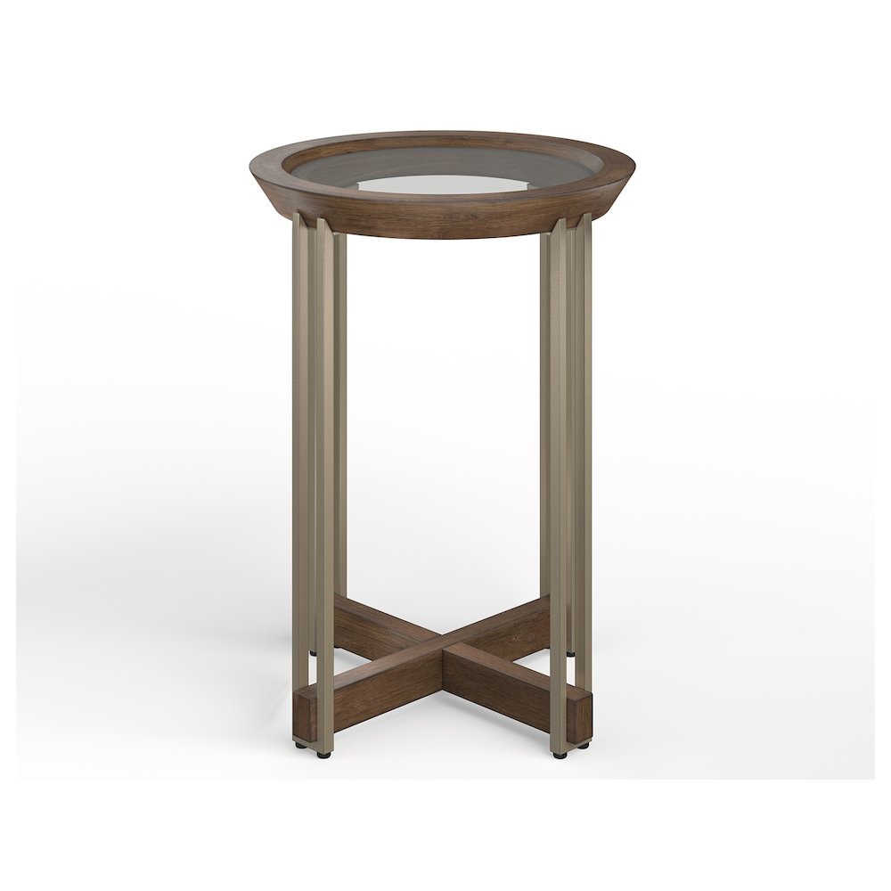 Elora Walnut And Tarnished Silver And Clear Glass Round Accent Table. Picture 1