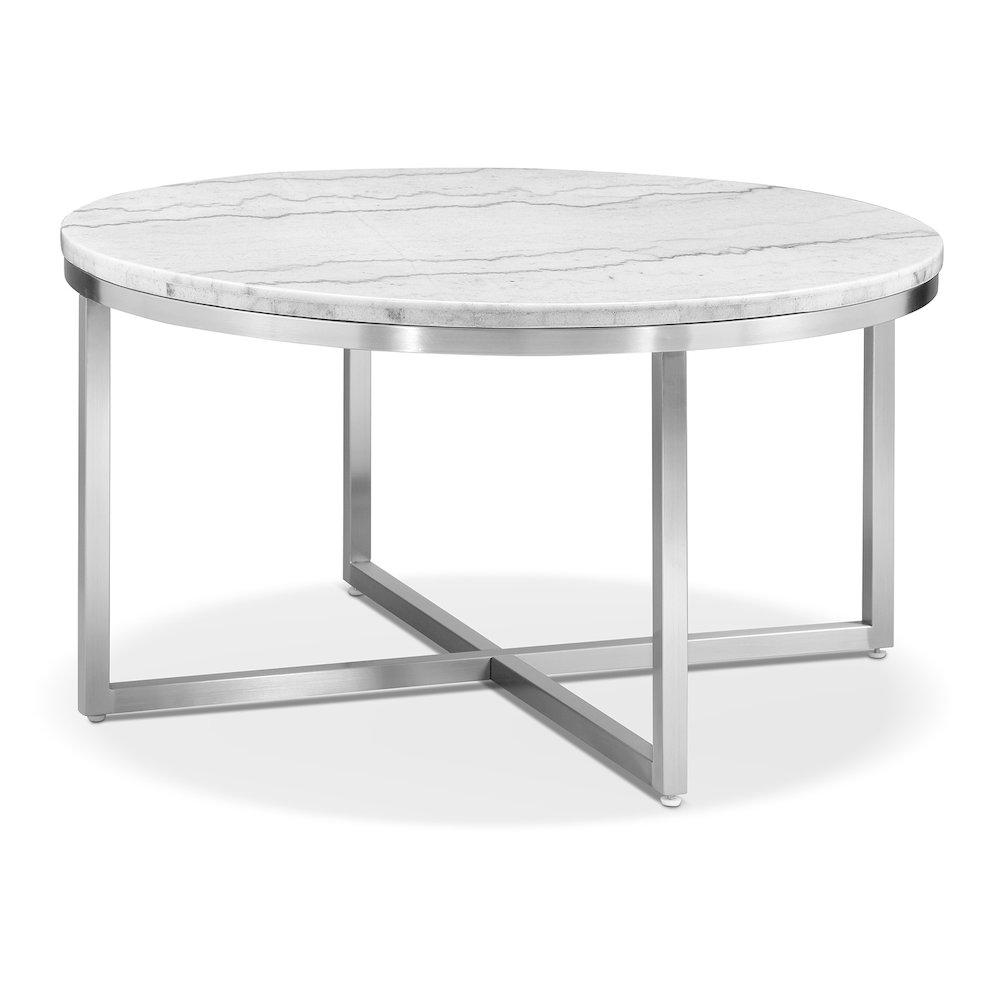 Esme White Marble And Brushed Nickel Round Cocktail Table. Picture 1