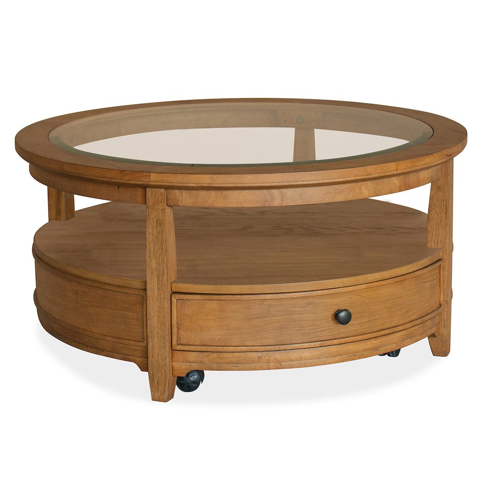 Durant Honey Brown Round Cocktail Table With Casters. Picture 1