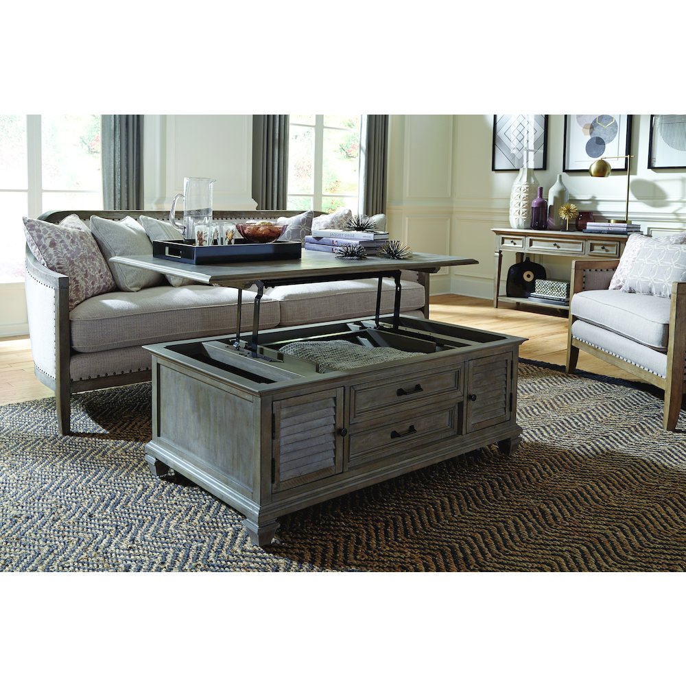 Lancaster Dovetail Grey Lift Top Storage Cocktail Table With Casters. Picture 7