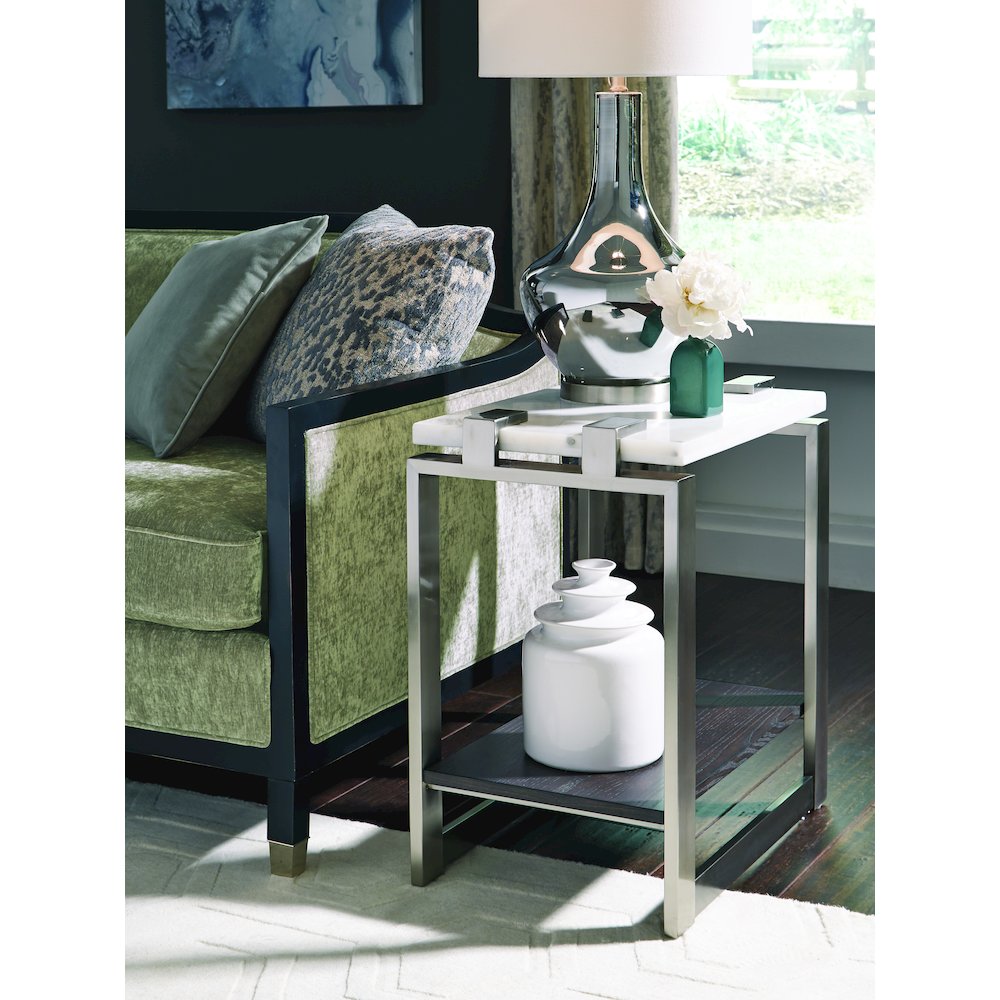 Pearl White And Roasted Almond And Brushed Platinum Rectangular Accent Table. Picture 6