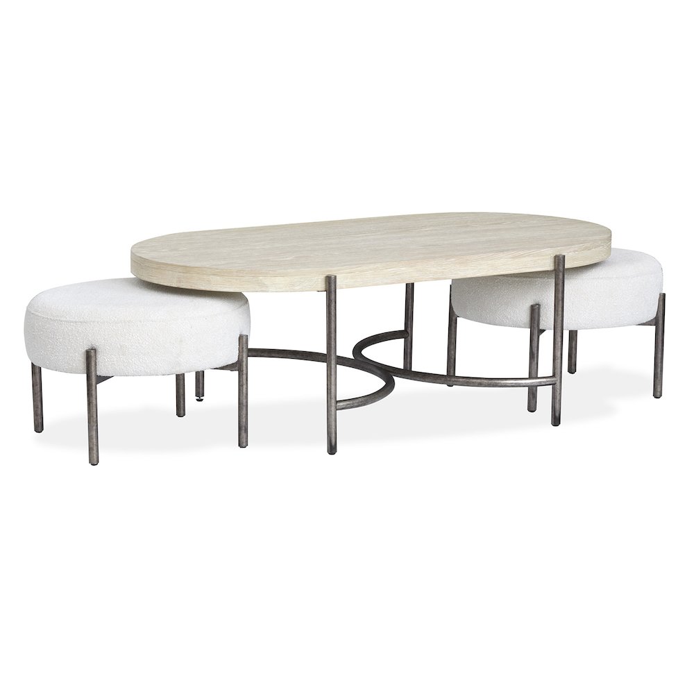 Edgecomb Grey And Weathered Antique Nickel Oval Cocktail Table With 2 Ottomans. Picture 3