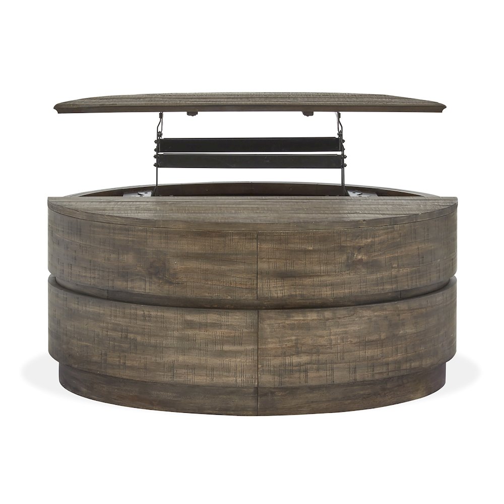 Baisden Tobacco Round Lift Top Cocktail Table With Casters. Picture 4