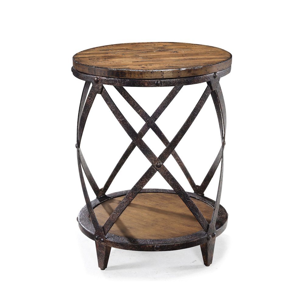 Pinebrook Distressed Natural Pine Round Accent Table. Picture 1