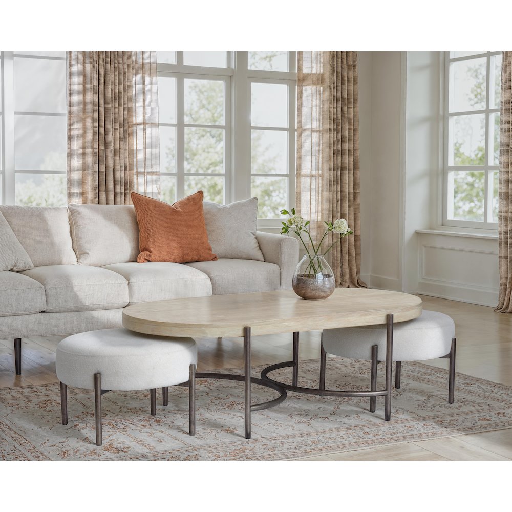 Edgecomb Grey And Weathered Antique Nickel Oval Cocktail Table With 2 Ottomans. Picture 8