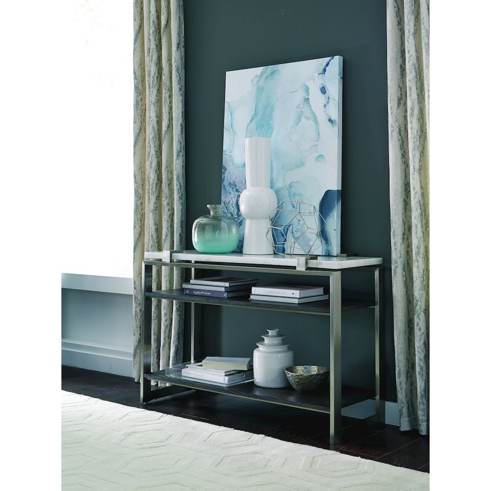 Pearl White And Roasted Almond And Brushed Platinum Rectangular Sofa Table. Picture 6