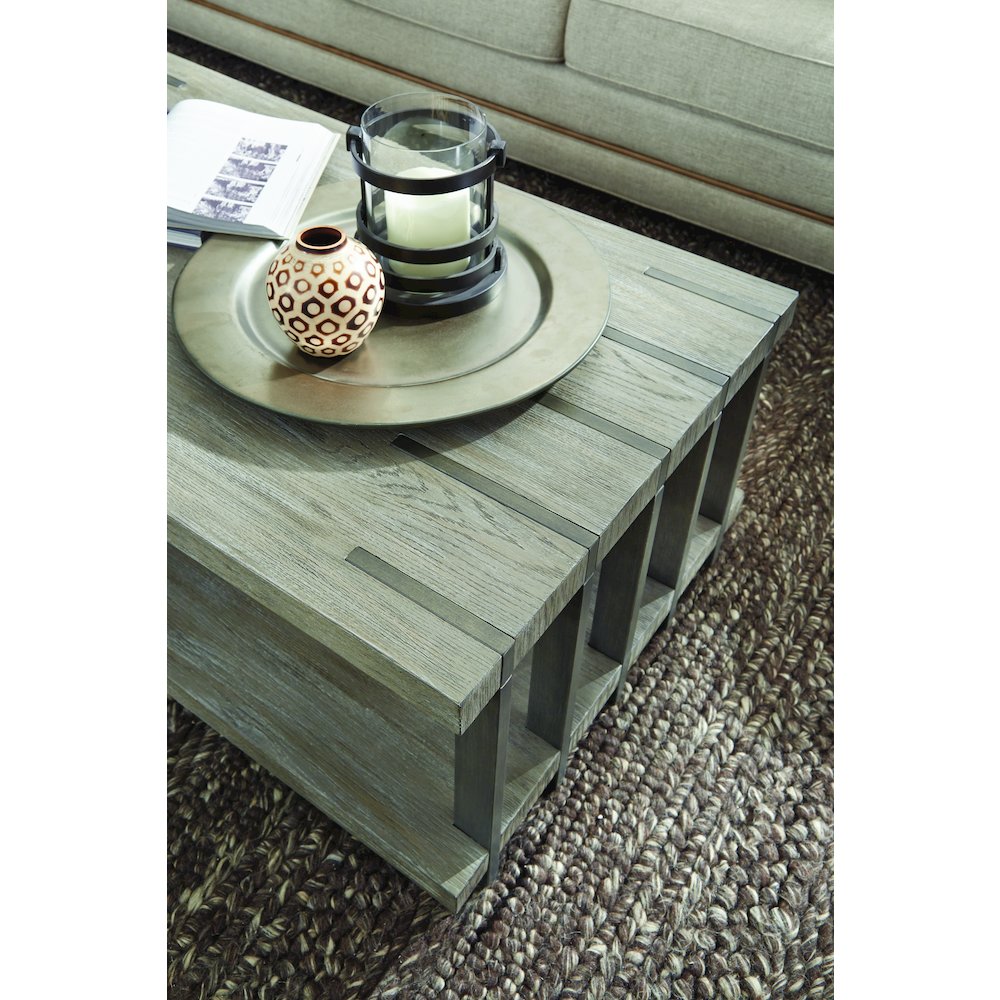 Weathered Gravel And Satin Bronze Rectangular Cocktail Table With Casters. Picture 8