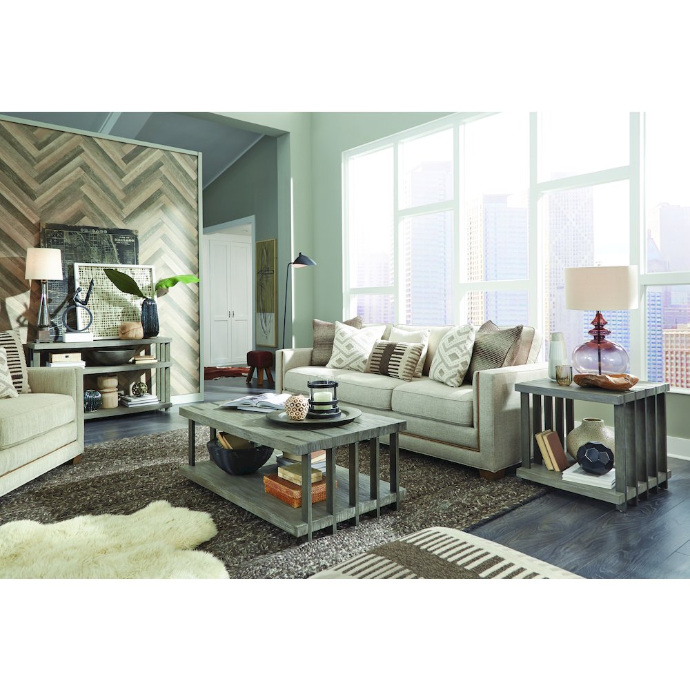 Eldridge Weathered Gravel And Satin Bronze Rectangular Sofa Table. Picture 7