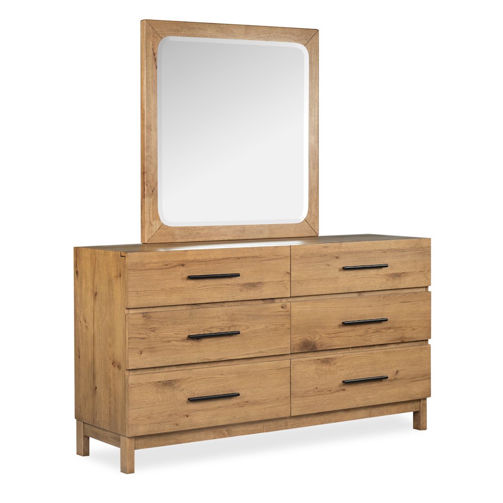 Davenport Rustic Caramel Double Drawer Dresser With Portrait Mirror. Picture 1