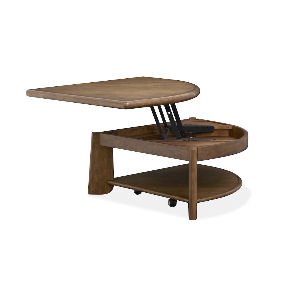 Tanner Tawny Brown Pie Shaped Lift Top Cocktail Table With Casters. Picture 9