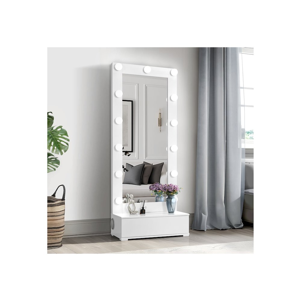 Ella White Narrow Tall Mirror With Led And Speaker. Picture 1
