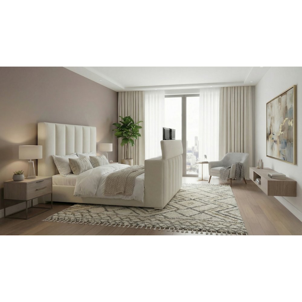 Serenity Crema King Bed With Speaker, Tv Lift And Fireplace. Picture 1
