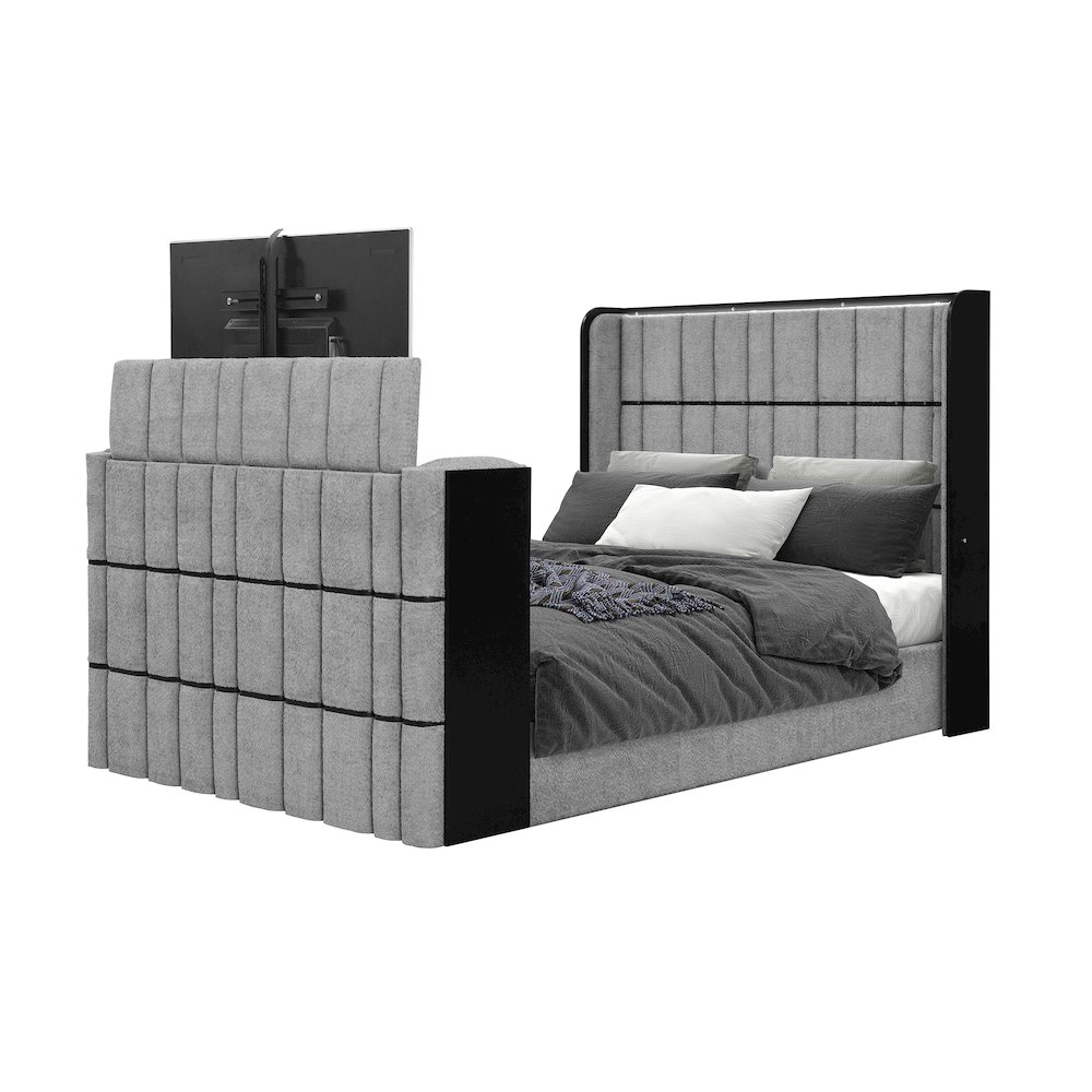 Isabella Grey Queen Bed W/Led, Tv Lift, Speaker And Fireplace. Picture 3