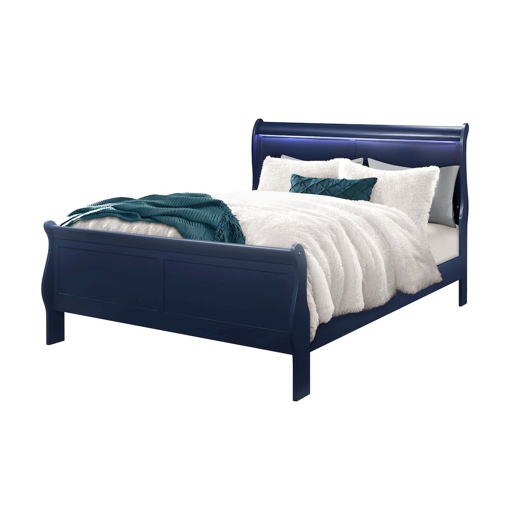 Traditional Glam Charlie Blue Queen Bed With Led, Blue. Picture 2