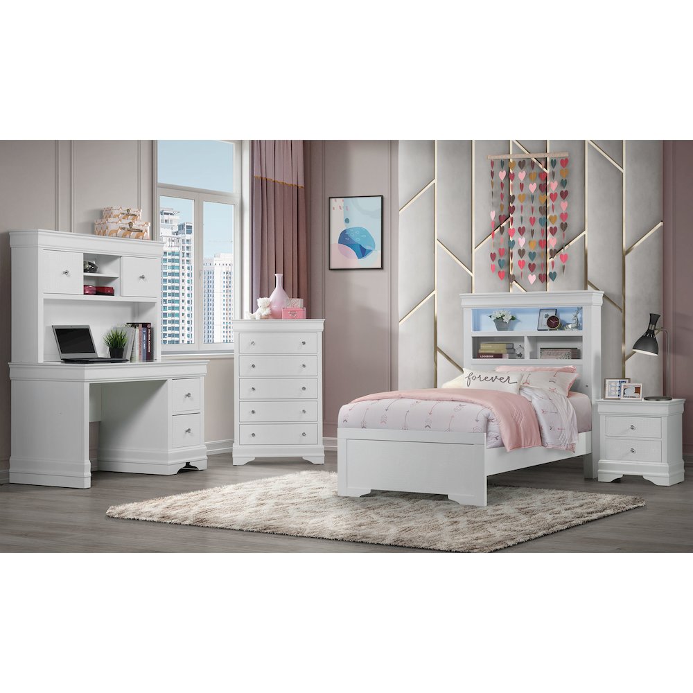 Traditional Glam Pompei Metallic White Bookcase Twin Bed With Led, White. Picture 3