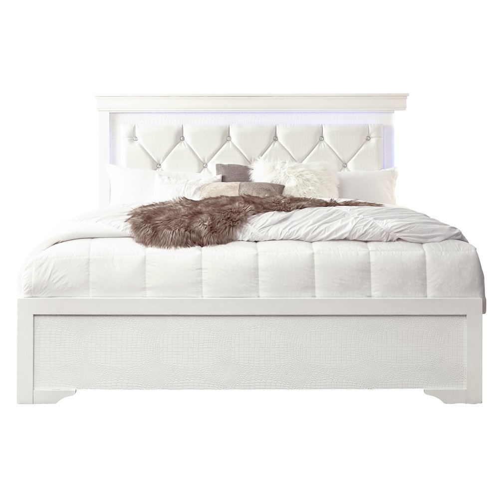 Traditional Glam Pompei Metalliic White King Bed With Led, White. Picture 1
