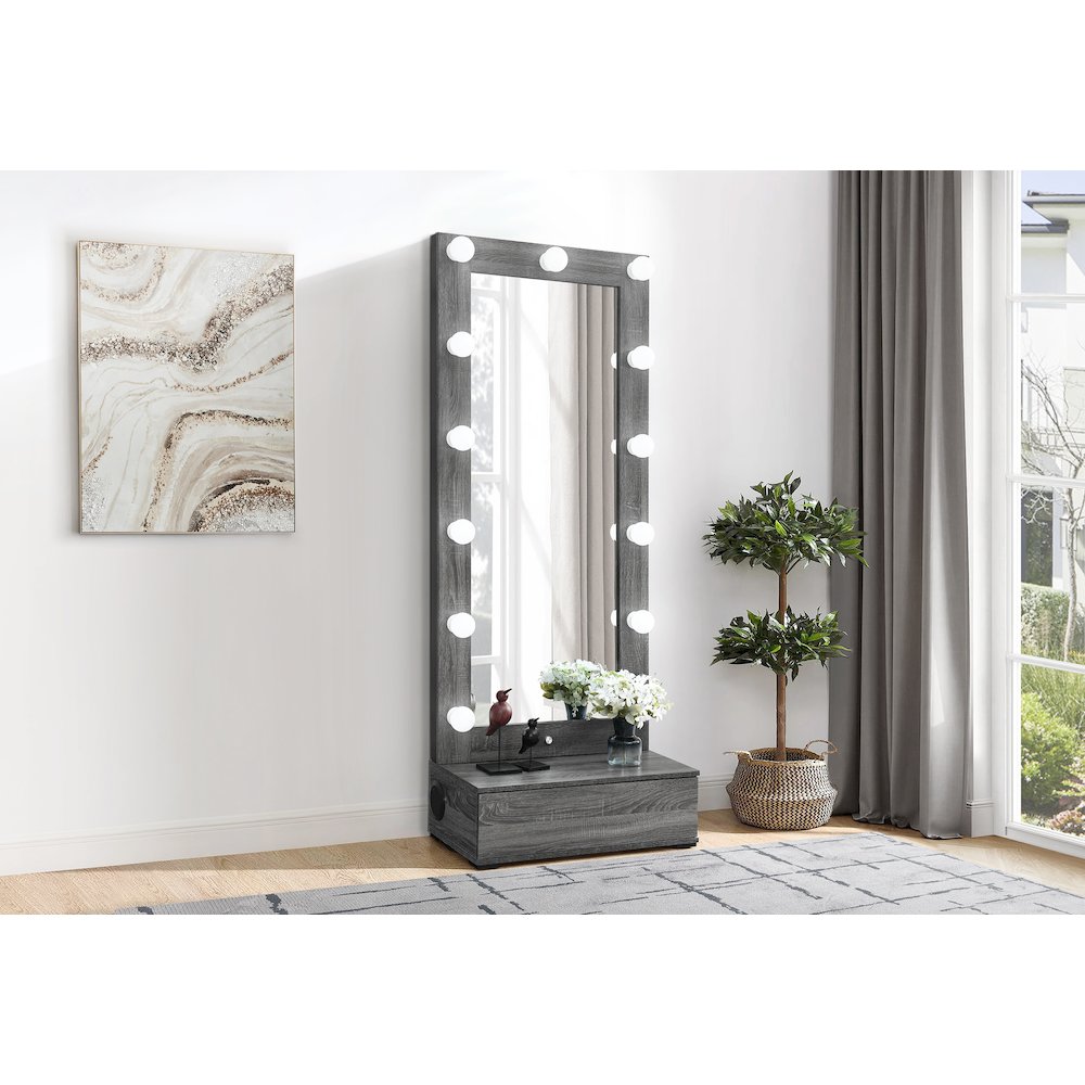 Lexi Grey Tall Mirror With Drawer And Speakers. Picture 1