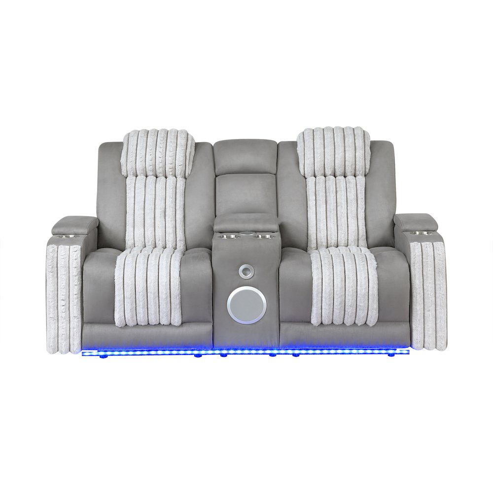 U8000 Grey Pwr Console Rec Loveseat W/Phr, Led And Speaker. Picture 1