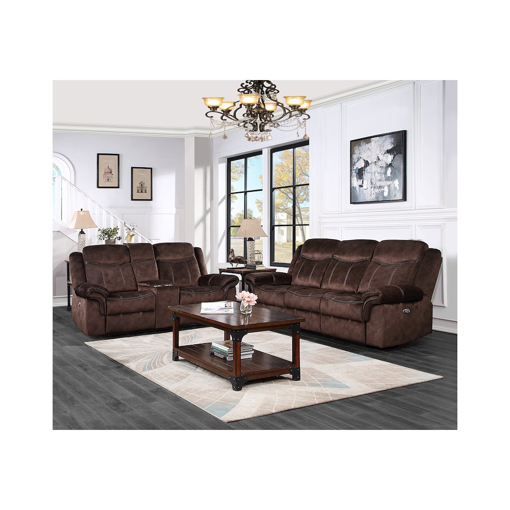 Transitional Domino Power Console Reclining Loveseat With Power Switch, Coffee. Picture 4